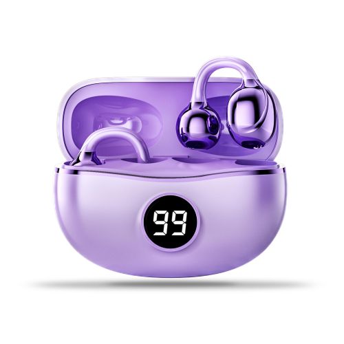 Bolizma Purple Wireless Open Ear Earbuds with Bluetooth, Air Clip-on Design, Lightweight Comfort, Stable Fit Open Ear Bluetooth Earphones, Built-in Mic, 50H Play
