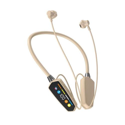 Yellow wireless neck-mounted Bluetooth headphones with ultra-long battery life, memory card slot for karaoké, and high-definition audio for call transmission.