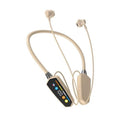Yellow wireless neck-mounted Bluetooth headphones with ultra-long battery life, memory card slot for karaoké, and high-definition audio for call transmission.