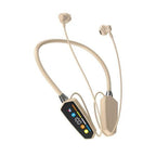 Yellow wireless neck-mounted Bluetooth headphones with ultra-long battery life, memory card slot for karaoké, and high-definition audio for call transmission.
