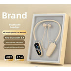 Yellow wireless neck-mounted Bluetooth headphones with ultra-long battery life, memory card slot for karaoké, and high-definition audio for call transmission.