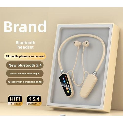 Yellow wireless neck-mounted Bluetooth headphones with ultra-long battery life, memory card slot for karaoké, and high-definition audio for call transmission.